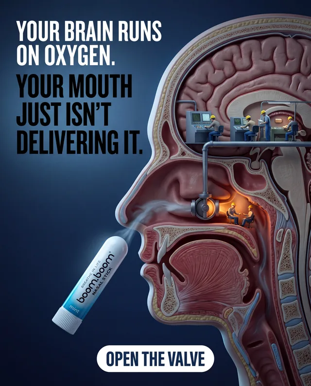 Nasal stick ad with tiny workers running an oxygen factory inside a brain