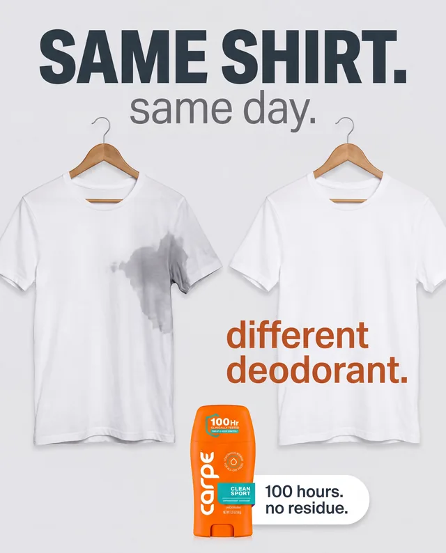 Deodorant ad comparing the same shirt with a sweat stain to one without