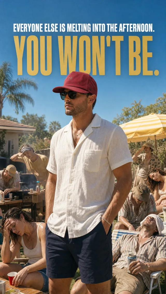 Hat ad with one person staying cool at a backyard barbecue while everyone else wilts