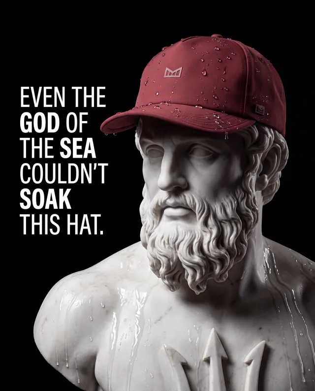 Hat ad with a statue of Poseidon wearing a soaked cap that never absorbed water
