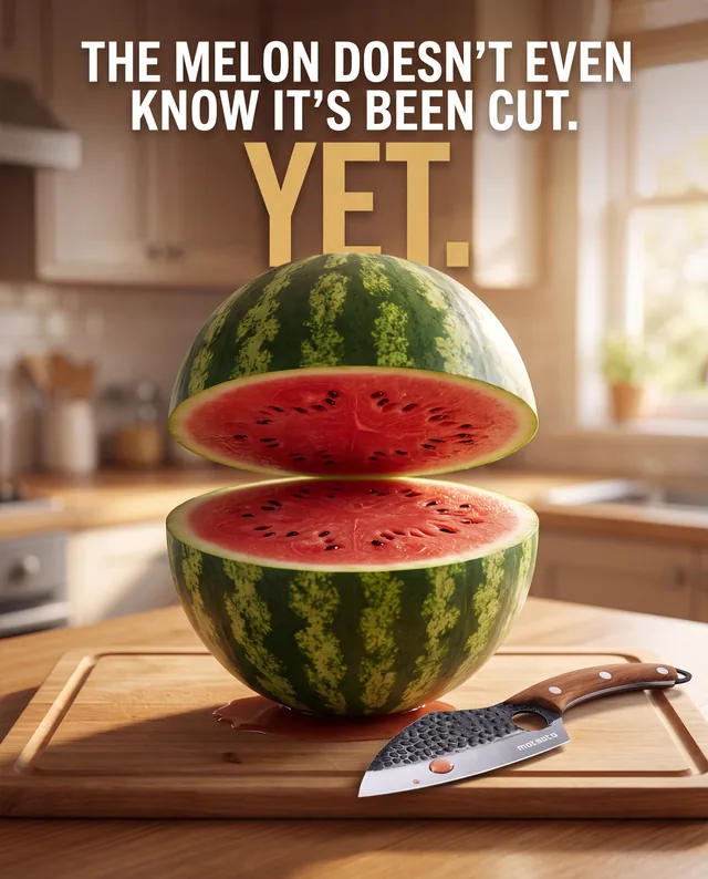 Knife ad with a watermelon sliced so cleanly the halves float apart
