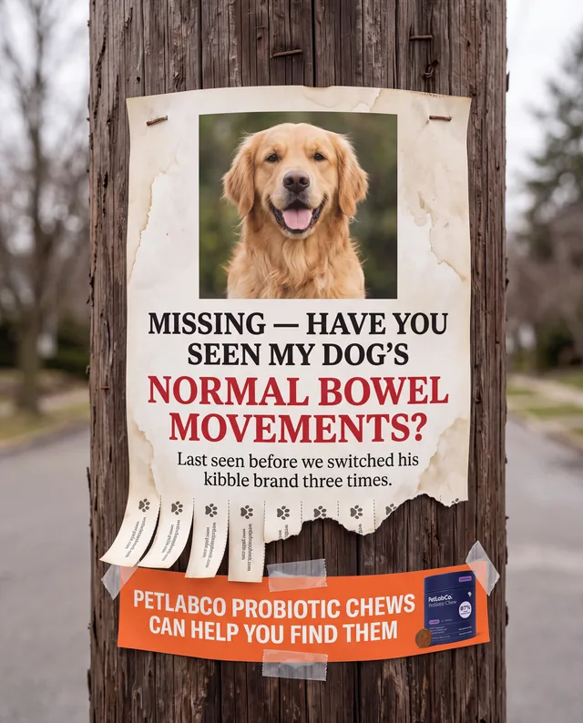 Dog probiotic ad styled as a missing-poster for a dog's normal bowel movements