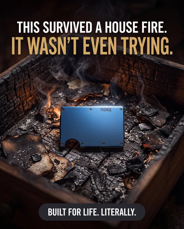 Wallet ad with the product sitting untouched inside a burned-out fire pit