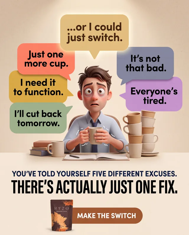 Mushroom coffee ad with a jittery office worker surrounded by his own excuses in speech bubbles
