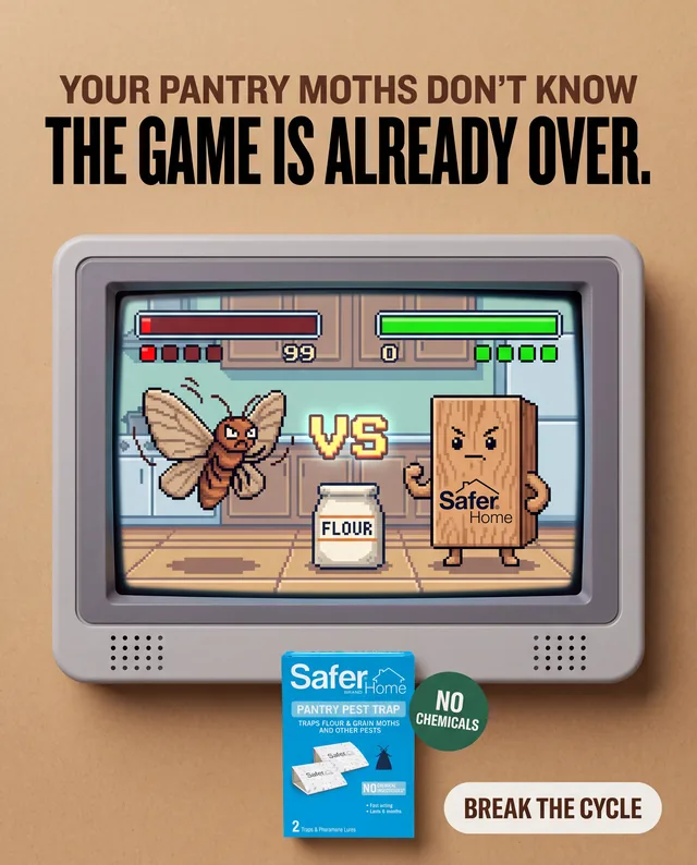 Pantry pest trap ad styled as a retro video game fight