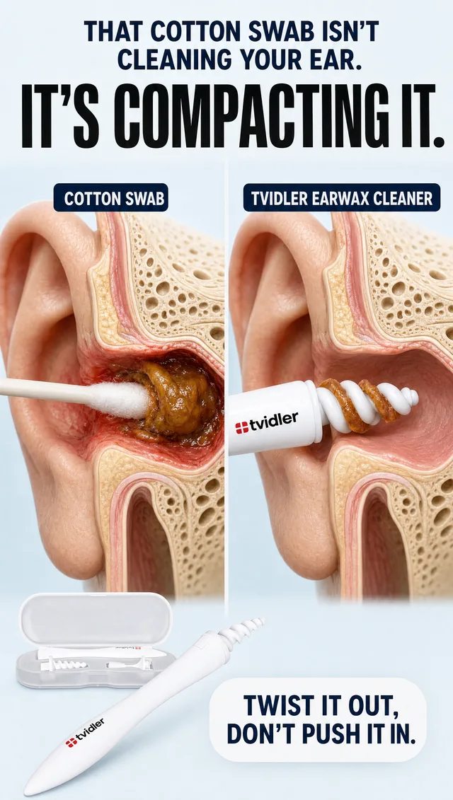 Ear wax cleaner ad comparing a cotton swab to a spiral tool