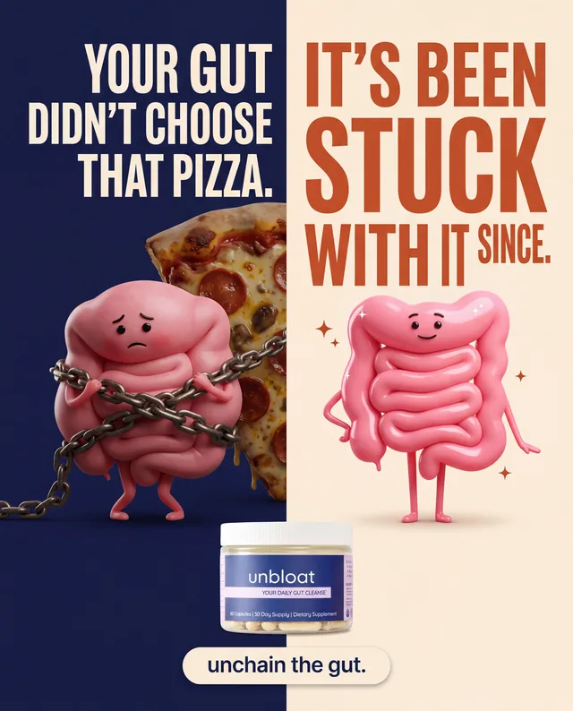Gut supplement ad with a cartoon gut chained to a pizza slice next to a free, happy gut