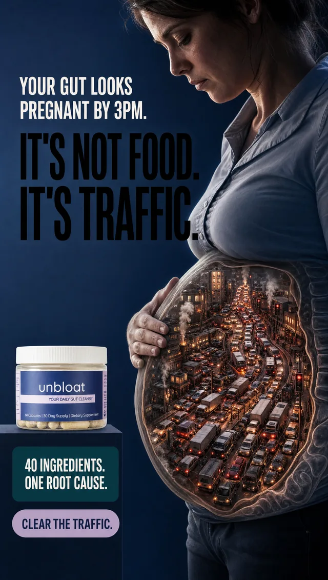 Gut supplement ad with a traffic jam inside a pregnant-looking belly