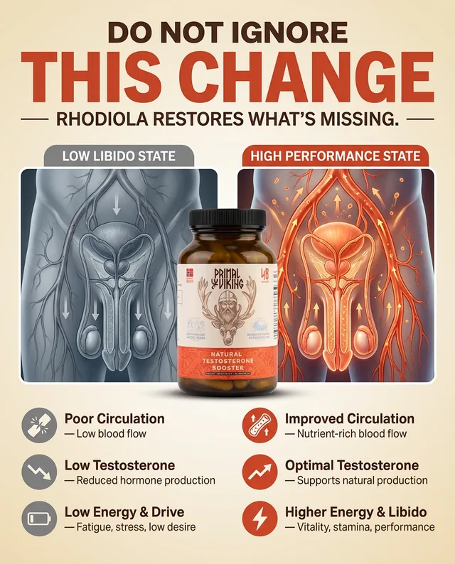Testosterone supplement ad with an anatomical diagram comparing low and high performance states