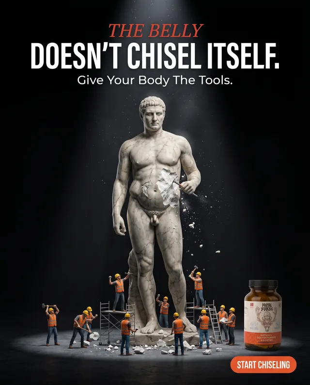 Testosterone supplement ad with construction workers chiseling a marble statue's belly